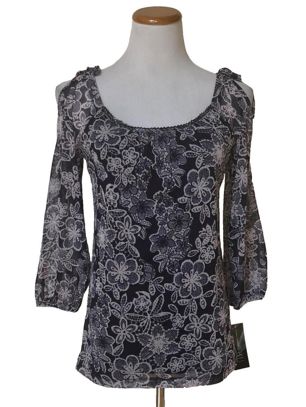 NWT INC Navy Blue Petal Lace Cold-Shoulder Peasant Top Blouse 3/4 Sleeve XS